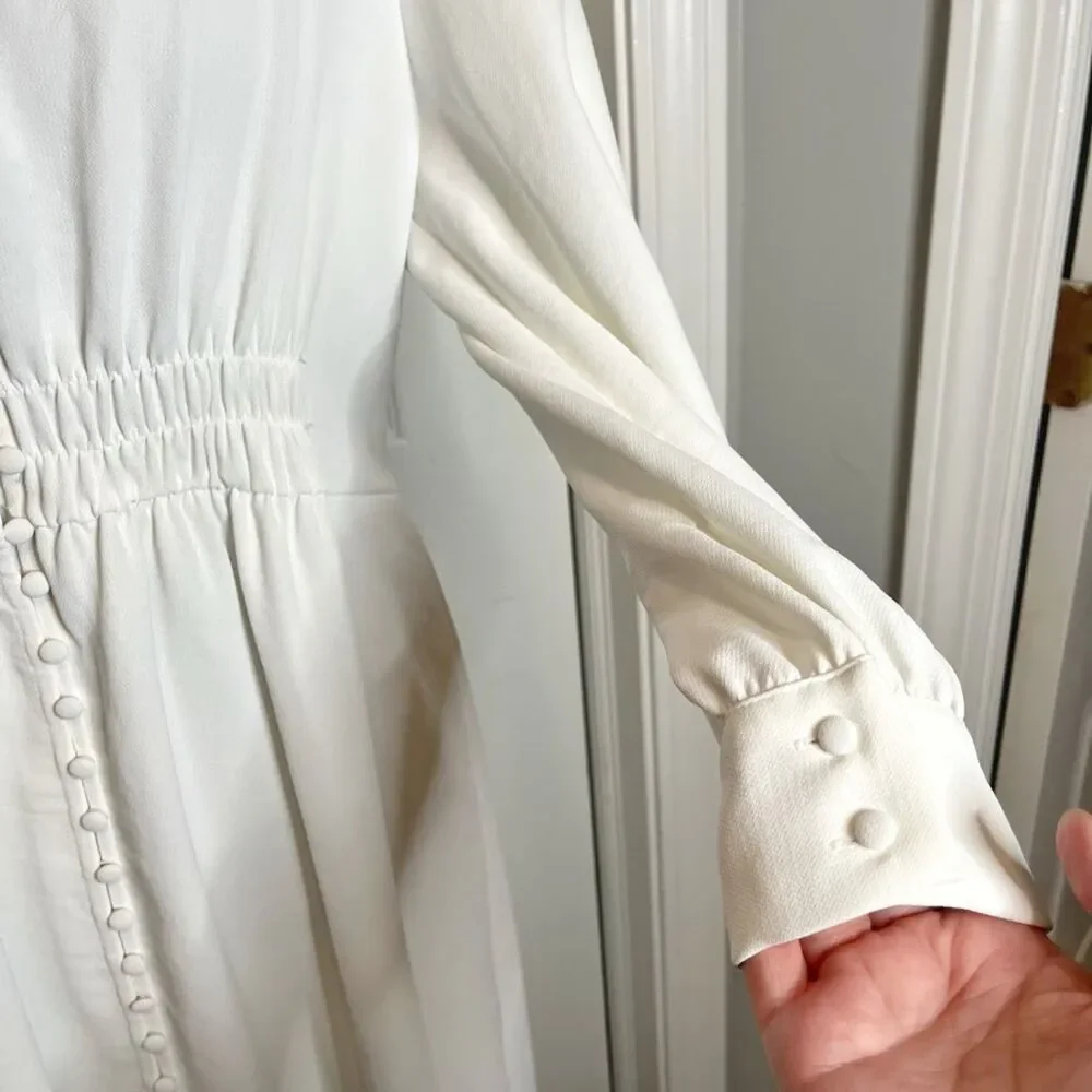 Zara Midi V Neck Button Down Front Smocked Polyester Textured Long Sleeve Dress - Picture 9 of 15